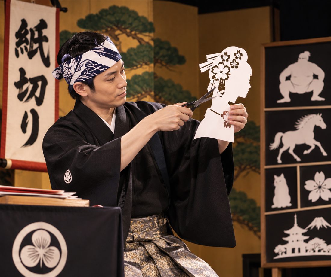 Kamikiri paper-cutting performer creating a silhouette on stage